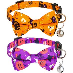 2pcs Halloween Cat Collar, 11.8x0.39 Inch Adjustable Cat Collar with Bell Halloween Cat Collar Bow Tie Pumpkin Print Kitty Collar for Dog Kitten Decoration Accessories(Orange, Purple)