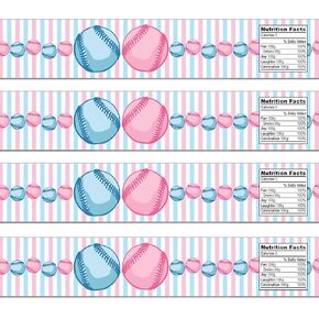21 Baseball Waterproof Self-Adhesive Water Bottle Labels for Gender Reveal - Pink and Blue