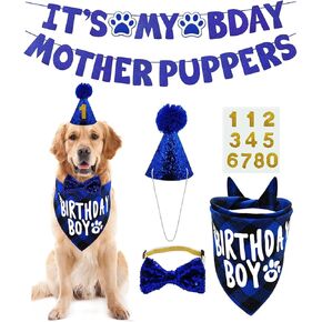 Multi Size Dog Birthday Bandana, Boy Dog Birthday Hat, Bow Tie Numbers 'It's My Bday' Mother Puppers Sign Banner (Small, Blue)