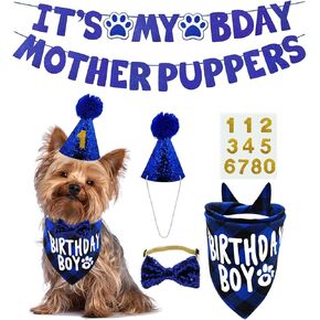 Multi Size Dog Birthday Bandana, Boy Dog Birthday Hat, Bow Tie Numbers 'It's My Bday' Mother Puppers Sign Banner (Small, Blue)