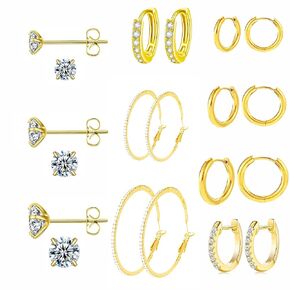 10 Pairs 14K Gold Plated Silver Cubic Zirconia Earrings Set for Women, Hypoallergenic 925 Silver Cubic Zirconia Stud Earrings Pack For Girls Daily Life (Gold)