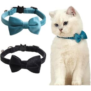 2 Pack Breakaway Cat Collars with Bell and Bowtie Comfortable Velvet Cat Collar with Cute Safety Buckle Adjustable Pet Collar for Kitty Kitten Puppy Neck Accessories for Daily Wearing Kitten
