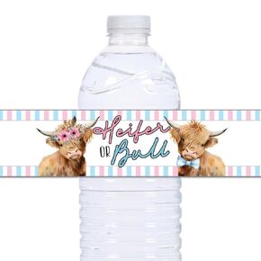 21 Highland Cow Water Bottle Labels - Waterproof, Self-Adhesive - Fluffy Cows Gender Reveal - Heifer or Bull