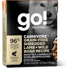 GO! SOLUTIONS Carnivore Protein Rich Wet Dog Food - Grain Free Shredded Lamb and Wild Boar - Complete & Balanced Nutrition for All Life Stages, 12.5 oz