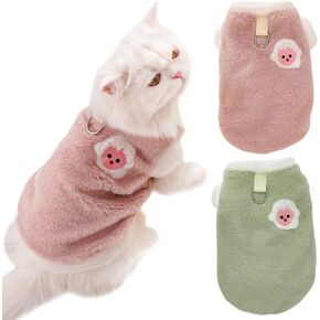 2pcs Cat Winter Clothes with D-Ring Small Medium Dog Clothes Pet Fleece Outfit Animal Print Cat Pullover Apparel(Green-Pink, Small)