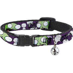 Nickelodeon Cat Collar, Breakaway Collar with Bell, Invader Zim GIR Poses and Sketch Purple, 8.5 to 12 Inches 0.5 Inch Wide