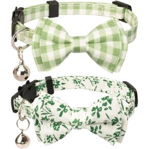 Cat Collar 2pcs Breakaway Safety Bow Tie Bell Kitten Pet Plaid Floral Flower Male Female [2pcs] Green