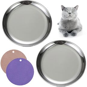 Cat Food Dishes, Stainless Steel Cat Shallow Dish Whisker Relief Cat Shallow Bowls Wide Plate Pet Dishes with Non-Slip Placemat Basic Dish for Cat Kitten (4 PCS, Large)