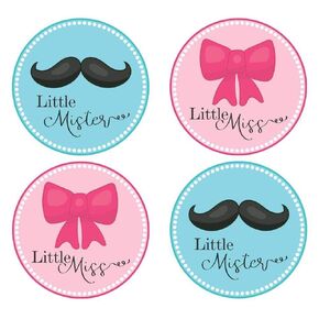 Bow and Mustache Gender Reveal Sticker Labels by Adore By Nat - Little Mister and Miss Baby Shower Party - Set of 30