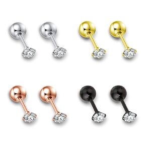 4MM CZ Screw Back Stud Earrings for Women, WGXIA 4 Pairs Cubic Zirconia Studs Tiny Handmade Jewelry Gifts for Girls Birthday Graduation