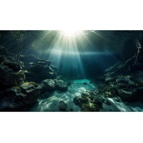 Aquarium Background Underwater Dark Cave Sunlight Rays Terrarium Background Undersea Moss Rocks Aquarium Backdrop Fish Tank Decor Vinyl 30x18in
