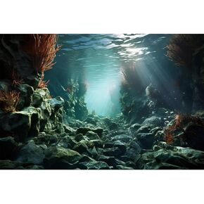 Aquarium Background Underwater Deep Blue Sea Rock Seaweed and Beautiful Sunlight Rays Terrarium Background Sandy Floor with Coral Aquarium Backdrop Seabed Fish Tank Decor Vinyl 36x20in