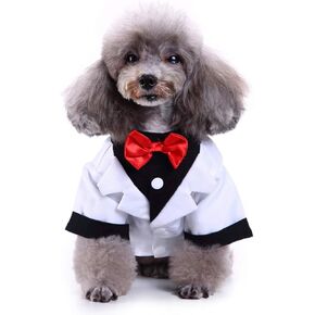 GabeFish Pets White Wedding Jackets Suit for Dogs with White Bow Tie Puppy Cat Formal Clothes Shirt Tuxedo White Small