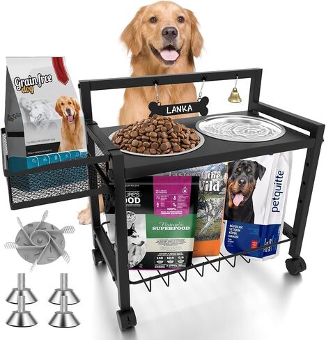 Elevated Dog Bowls With Wheels, Stainless Steel Raised Dog Bowls Stand Adjustable 8 Heights, 6.3"-14.17", for Medium & Large Sized Dogs, with Slow Feeder&Stainless Steel Bowl for Food&Water in Saudi Arabia