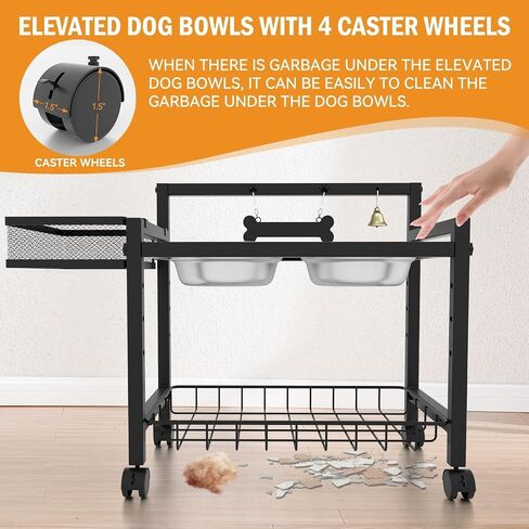 Elevated Dog Bowls With Wheels, Stainless Steel Raised Dog Bowls Stand Adjustable 8 Heights, 6.3"-14.17", for Medium & Large Sized Dogs, with Slow Feeder&Stainless Steel Bowl for Food&Water in Saudi Arabia