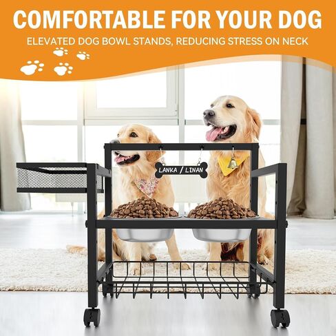 Elevated Dog Bowls With Wheels, Stainless Steel Raised Dog Bowls Stand Adjustable 8 Heights, 6.3"-14.17", for Medium & Large Sized Dogs, with Slow Feeder&Stainless Steel Bowl for Food&Water in Saudi Arabia