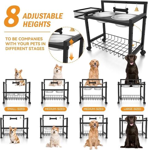 Elevated Dog Bowls With Wheels, Stainless Steel Raised Dog Bowls Stand Adjustable 8 Heights, 6.3"-14.17", for Medium & Large Sized Dogs, with Slow Feeder&Stainless Steel Bowl for Food&Water in Saudi Arabia