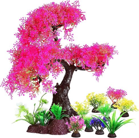 VICASKY Fish Tank Accessories:Aquarium Plants - Aquarium Decor:Fish Tank Decorations - 10pcs Aquarium Plastic Plants Decoration, Pink Cherry Blossom Tree Grass Decor Set, Fish Tank Hides Decorations in Saudi Arabia