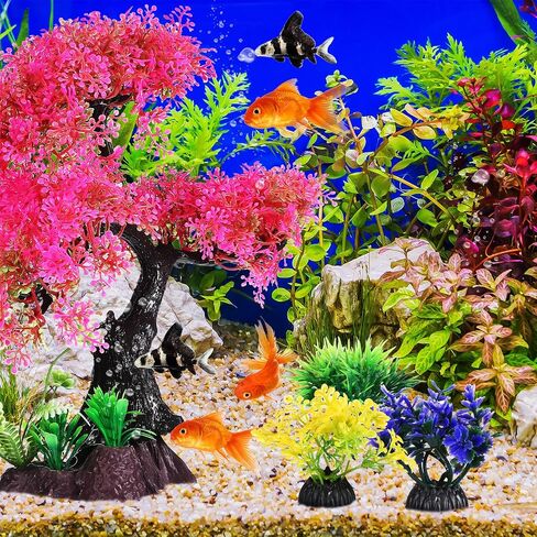 VICASKY Fish Tank Accessories:Aquarium Plants - Aquarium Decor:Fish Tank Decorations - 10pcs Aquarium Plastic Plants Decoration, Pink Cherry Blossom Tree Grass Decor Set, Fish Tank Hides Decorations in Saudi Arabia