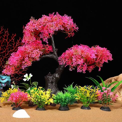 VICASKY Fish Tank Accessories:Aquarium Plants - Aquarium Decor:Fish Tank Decorations - 10pcs Aquarium Plastic Plants Decoration, Pink Cherry Blossom Tree Grass Decor Set, Fish Tank Hides Decorations in Saudi Arabia