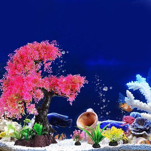 VICASKY Fish Tank Accessories:Aquarium Plants - Aquarium Decor:Fish Tank Decorations - 10pcs Aquarium Plastic Plants Decoration, Pink Cherry Blossom Tree Grass Decor Set, Fish Tank Hides Decorations in Saudi Arabia