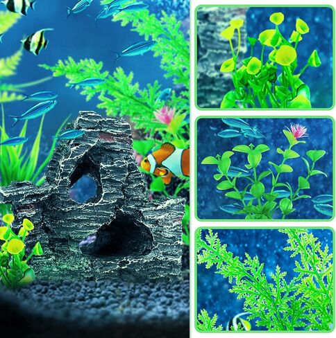 ديكورات حوض السمك، نباتات بلاستيكية صناعية مع مجموعة ديكور صخور الكهف، ملحقات خزان الأسماك، زخارف صغيرة وكبيرة لوعاء الأسماك in Kuwait