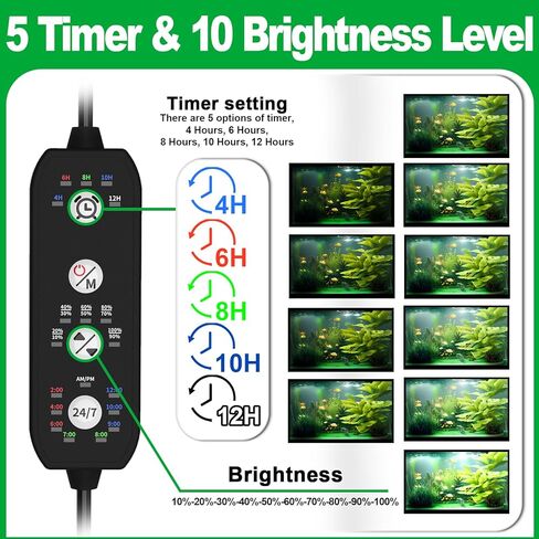 Clip On Aquarium Light-24/7 Lighting Cycle Fish Tank Light with Timer, Full Spectrum+7 Colors Mode, Auto On/Off, Adjustable Brightness and Height (12 Inch) in Kuwait