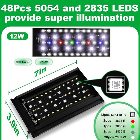 Clip On Aquarium Light-24/7 Lighting Cycle Fish Tank Light with Timer, Full Spectrum+7 Colors Mode, Auto On/Off, Adjustable Brightness and Height (12 Inch) in Kuwait