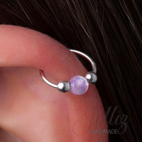 Tiny Silver Helix Piercing - Thin 20 gauge Cartilage Ring with a 3mm Pink Opal - Handmade Hypoallergenic 925 Sterling Silver Piercing Hoop in Saudi Arabia