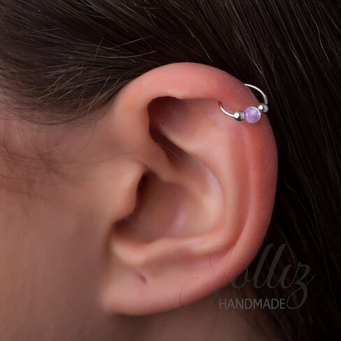 Tiny Silver Helix Piercing - Thin 20 gauge Cartilage Ring with a 3mm Pink Opal - Handmade Hypoallergenic 925 Sterling Silver Piercing Hoop in Saudi Arabia