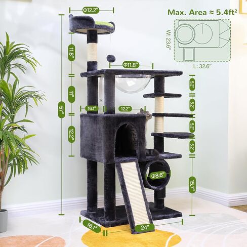 F57 عمود خدش شجرة القطط، خصيصًا للقطط الشجاعة، برج شجرة القطط طويل القامة 57 بوصة، نفق، عش كبسولة الفضاء، لوح خدش السيزال، مسكن القطط، مساحة صغيرة لشجرة القطط، رمادي داكن in Kuwait