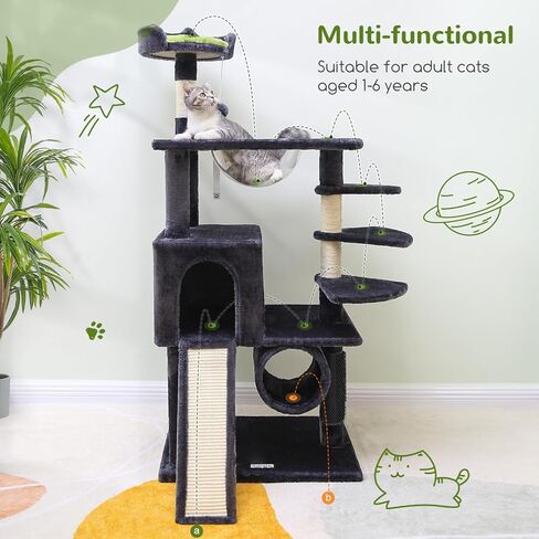 F57 عمود خدش شجرة القطط، خصيصًا للقطط الشجاعة، برج شجرة القطط طويل القامة 57 بوصة، نفق، عش كبسولة الفضاء، لوح خدش السيزال، مسكن القطط، مساحة صغيرة لشجرة القطط، رمادي داكن in Kuwait