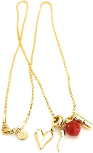 Stainless Steel Military Ball Chain Necklace with Horn, Heart, Coffee Charms and Red Protection Bead – 24.4 Inch Gold-Plated Protection Necklace for Women in Saudi Arabia