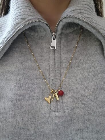 Stainless Steel Military Ball Chain Necklace with Horn, Heart, Coffee Charms and Red Protection Bead – 24.4 Inch Gold-Plated Protection Necklace for Women in Saudi Arabia