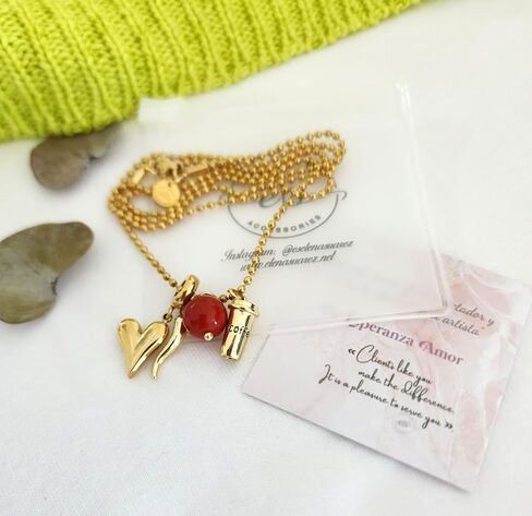 Stainless Steel Military Ball Chain Necklace with Horn, Heart, Coffee Charms and Red Protection Bead – 24.4 Inch Gold-Plated Protection Necklace for Women in Saudi Arabia