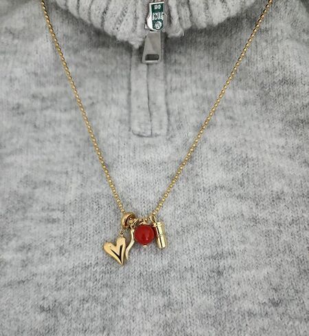 Stainless Steel Military Ball Chain Necklace with Horn, Heart, Coffee Charms and Red Protection Bead – 24.4 Inch Gold-Plated Protection Necklace for Women in Saudi Arabia