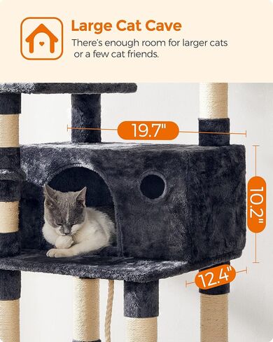 FEANDREA Cat Tree, Large Cat Tower, 64.6 Inches, Cat Activity Center with Hammock, Basket, Removable Fur Ball Sticks, Cat Condo, Smoky Gray UPCT087G01 in Kuwait