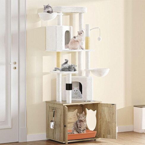 YITAHOME Cat Tree with Litter Box Enclosure, All-in-1 Modern Cat Tower, 72" Tall Cat Tree with Scratching Posts, Perch, Caves, Basket, Washable Cushions, Grey in Saudi Arabia