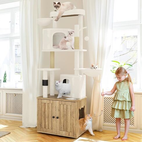 YITAHOME Cat Tree with Litter Box Enclosure, All-in-1 Modern Cat Tower, 72" Tall Cat Tree with Scratching Posts, Perch, Caves, Basket, Washable Cushions, Grey in Saudi Arabia