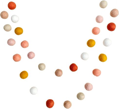 "BoHo Rainbow" Handmade Wool Felt Ball Garland by Sheep Farm Felt- Coral, Peach, Cream, Blush, Apricot, Mustard, Ivory Pom Pom Garland. Adjustable spacing. 7 feet long. 28 one-inch felt balls in Saudi Arabia