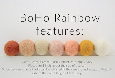 "BoHo Rainbow" Handmade Wool Felt Ball Garland by Sheep Farm Felt- Coral, Peach, Cream, Blush, Apricot, Mustard, Ivory Pom Pom Garland. Adjustable spacing. 7 feet long. 28 one-inch felt balls in Saudi Arabia