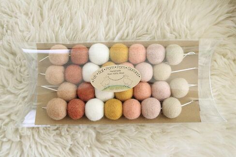 "BoHo Rainbow" Handmade Wool Felt Ball Garland by Sheep Farm Felt- Coral, Peach, Cream, Blush, Apricot, Mustard, Ivory Pom Pom Garland. Adjustable spacing. 7 feet long. 28 one-inch felt balls in Saudi Arabia
