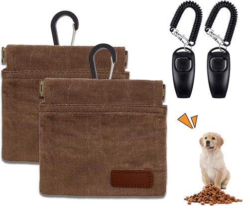 أكياس علاج الكلاب لتدريب الحيوانات الأليفة، حقيبة علاج الكلاب بإغلاق مغناطيسي، حقيبة علاج تدريب الجراء، مع أداة نقر وصفارة لتدريب الحيوانات الأليفة 2 في 1 (بني، عبوتان) in Kuwait