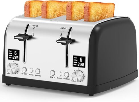محمصة خبز 4 شرائح، شاشة LED فائقة الوضوح، لوحات تحكم مزدوجة مع إعدادات مستقلة، محمصة خبز من الفولاذ المقاوم للصدأ بفتحة واسعة للفطائر، 4 شرائح محمصة خبز مع الخبز LainstenT-5057D (أسود0) in Kuwait