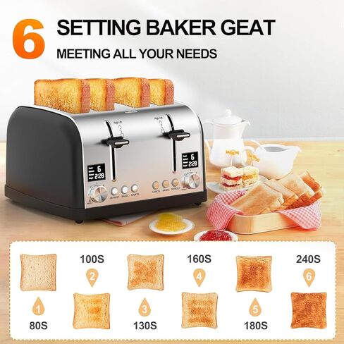 محمصة خبز 4 شرائح، شاشة LED فائقة الوضوح، لوحات تحكم مزدوجة مع إعدادات مستقلة، محمصة خبز من الفولاذ المقاوم للصدأ بفتحة واسعة للفطائر، 4 شرائح محمصة خبز مع الخبز LainstenT-5057D (أسود0) in Kuwait