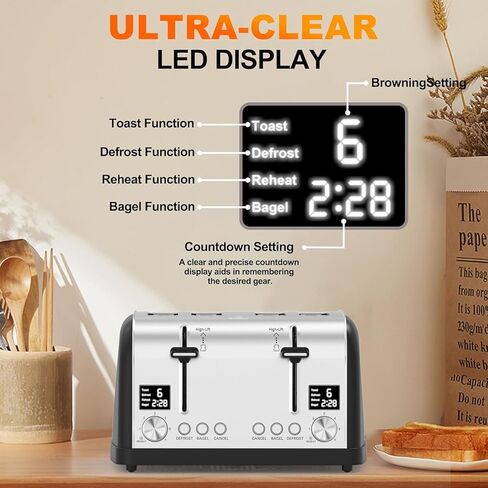 محمصة خبز 4 شرائح، شاشة LED فائقة الوضوح، لوحات تحكم مزدوجة مع إعدادات مستقلة، محمصة خبز من الفولاذ المقاوم للصدأ بفتحة واسعة للفطائر، 4 شرائح محمصة خبز مع الخبز LainstenT-5057D (أسود0) in Kuwait