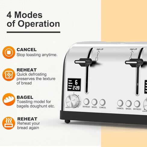 محمصة خبز 4 شرائح، شاشة LED فائقة الوضوح، لوحات تحكم مزدوجة مع إعدادات مستقلة، محمصة خبز من الفولاذ المقاوم للصدأ بفتحة واسعة للفطائر، 4 شرائح محمصة خبز مع الخبز LainstenT-5057D (أسود0) in Kuwait