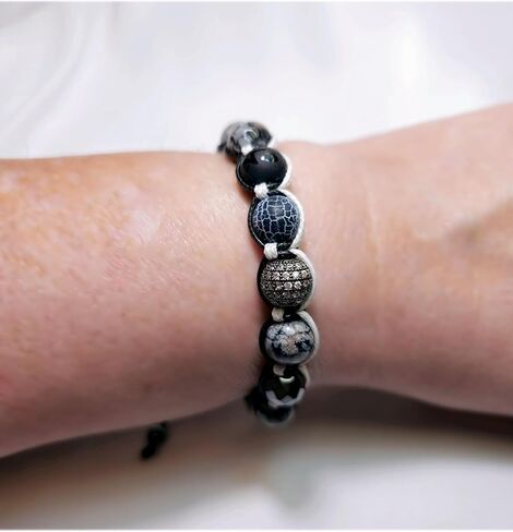 Luxury Natural Stones Bracelet Healing Crystals Bracelet Obsidian, Onyx, Jasper, Hematite, Agate, Micro Pave CZ Ball 10mm Beads Adjustable Macrame Bracelet EXCLUSIVE YOGA GIRL USA HANDMADE (obsidian) in Saudi Arabia