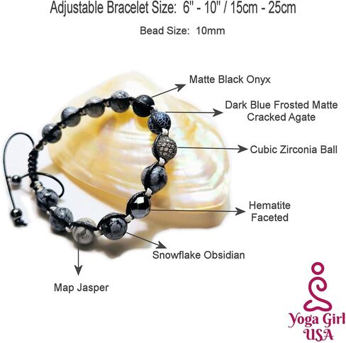 Luxury Natural Stones Bracelet Healing Crystals Bracelet Obsidian, Onyx, Jasper, Hematite, Agate, Micro Pave CZ Ball 10mm Beads Adjustable Macrame Bracelet EXCLUSIVE YOGA GIRL USA HANDMADE (obsidian) in Saudi Arabia