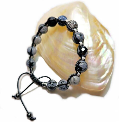 Luxury Natural Stones Bracelet Healing Crystals Bracelet Obsidian, Onyx, Jasper, Hematite, Agate, Micro Pave CZ Ball 10mm Beads Adjustable Macrame Bracelet EXCLUSIVE YOGA GIRL USA HANDMADE (obsidian) in Saudi Arabia